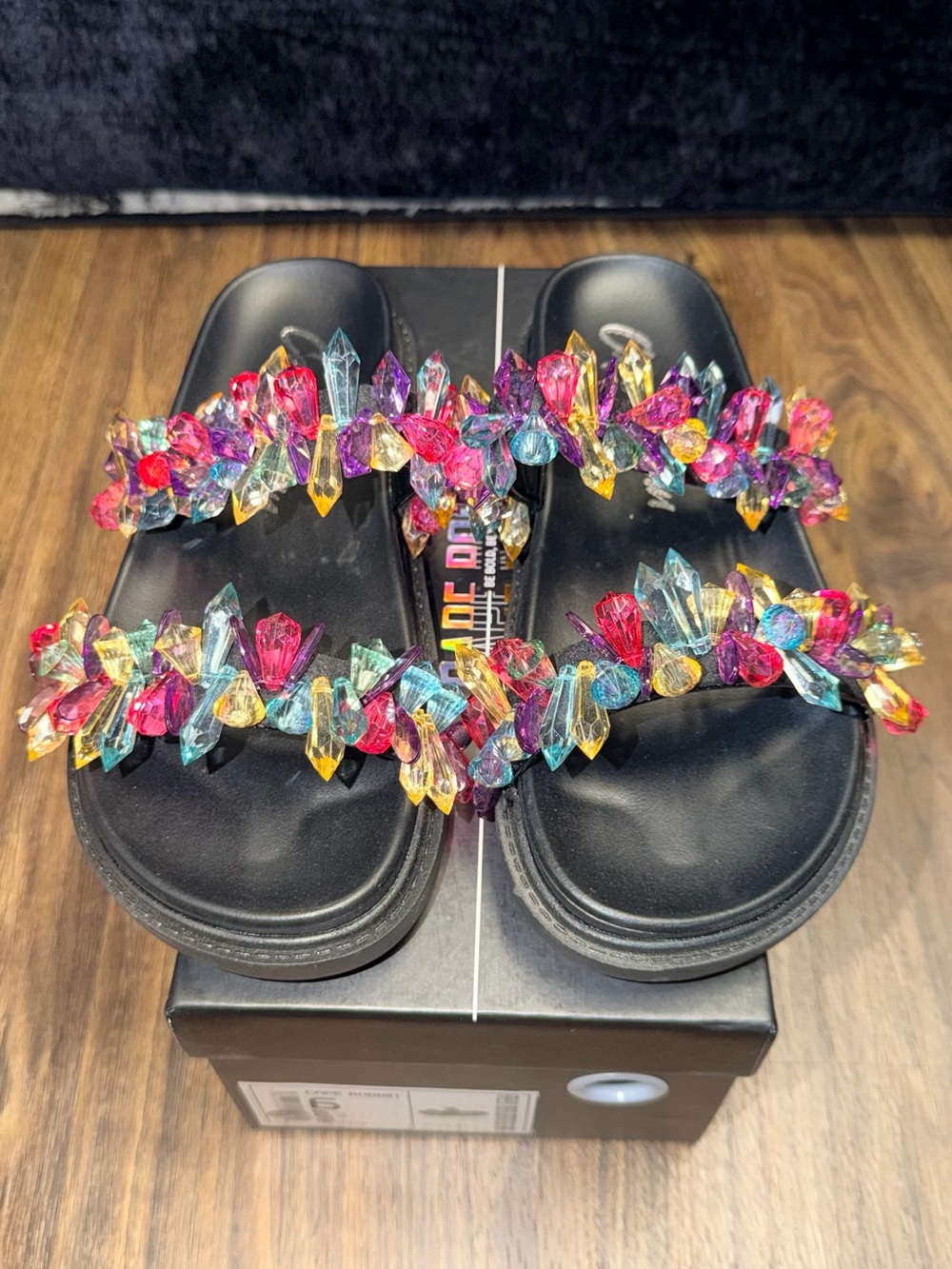Cape Robbin Black Slide Sandals with Multicolor Crystal Accents